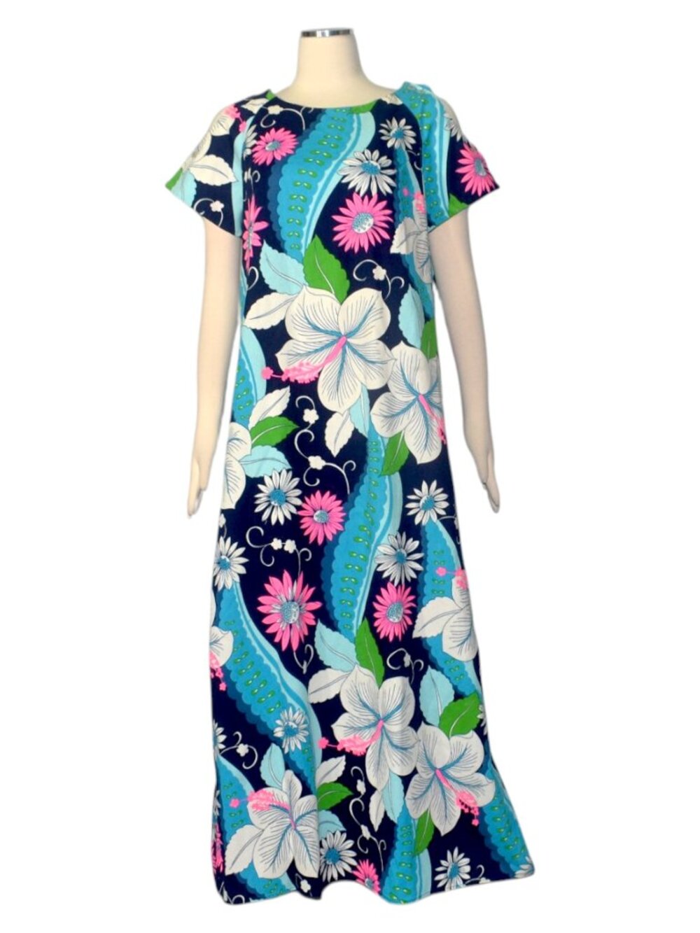 Vintage 60s Dress Aloha Hawaiian Originals Cotton Barkcloth Floral L